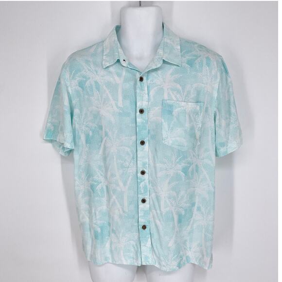 Margaritaville Mens Button Front Shirt Sz S Aqua Blue Palm Tree Polka Dots Aloha - Picture 1 of 8